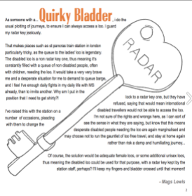 An article from the zine called Quirky Bladder by Mags Lewis. The article includes a picture of a radar key.